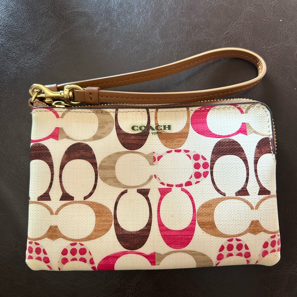 Coach Pink and Brown Wristlet with Signature Monogram Like New in Original Box